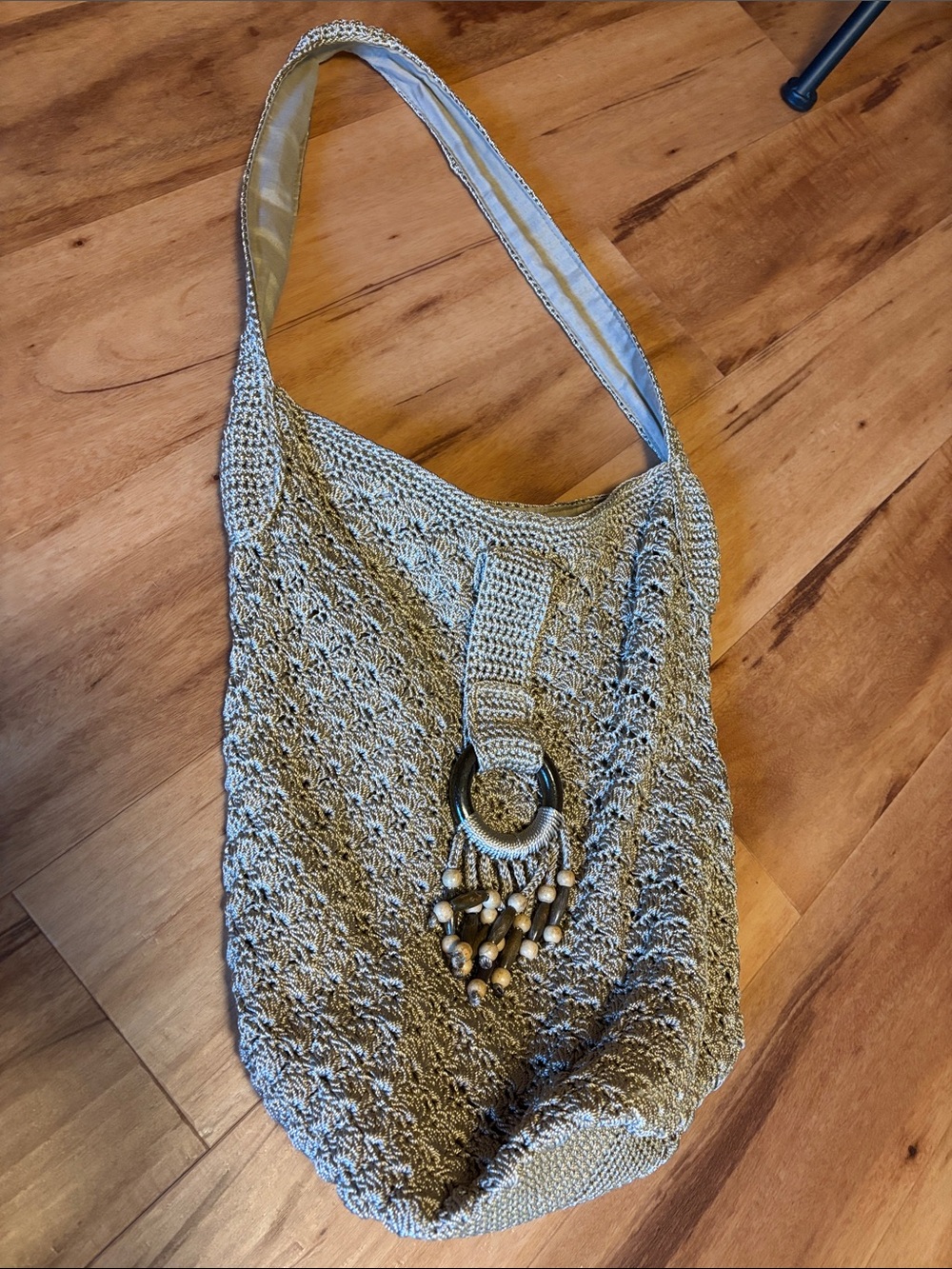 Beige Crochet Hobo Bag with Decorative Wood Bead Ring